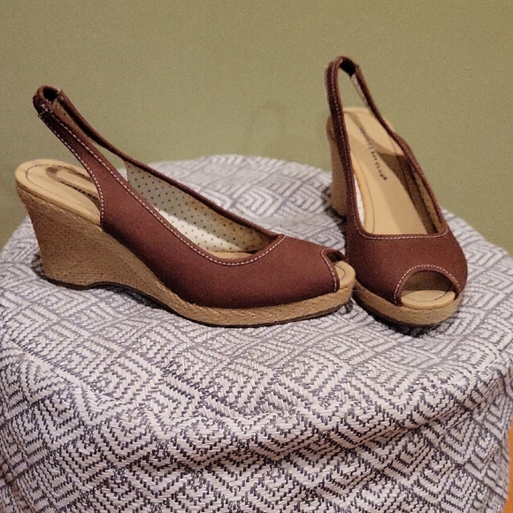 Montego Bay Club Brown Peep-Toe Wedges - Picture 1 of 5